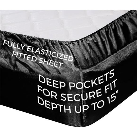 Satin Sheets Queen [4-Piece, Black] Hotel Luxury Silky Bed Sheets - Extra Soft - Picture 4 of 7